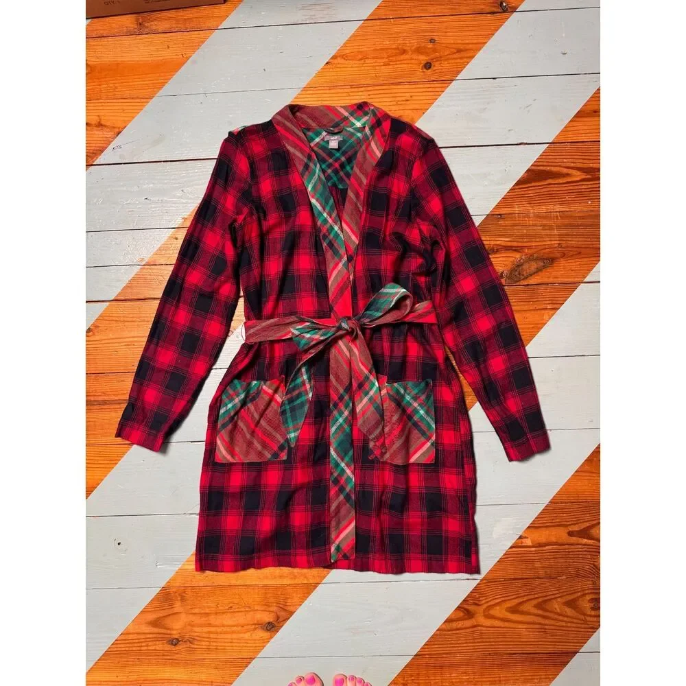 Aerie Plaid Flannel Wrap Robe Red Black Green Tartan Belted Lounge XS/S